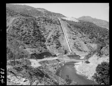 Big Creek - Mammoth Pool - General view of Powerhouse and penstock looking upstream