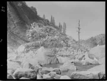 Big Creek - Mammoth Pool - Drilling and construction of access road, West Abutment, looking North