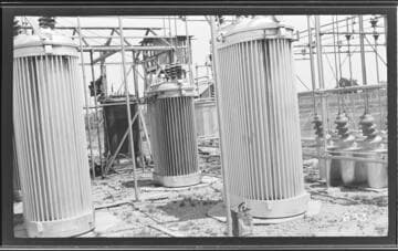 A close-up view of the transformers and switches at Tulare Substation