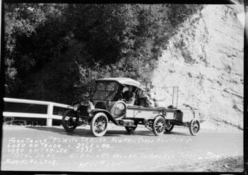 PL&P Ford auto truck #72 and trailier on Newhall Grade hauling 4100 lbs to Bailey's Patrol Station