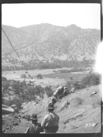 View of the pipe line tram and the construction crew during the construction of the Tule Plant