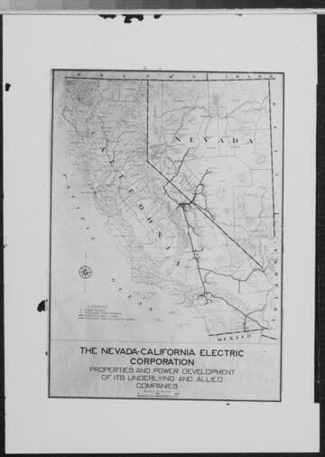 Map of California showing the early transmission line corridors and powerplants belonging to The Nevada-
