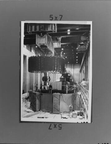 The first of three views of the installation of Unit A-5 at Hoover Dam [Arizona side] in 1943