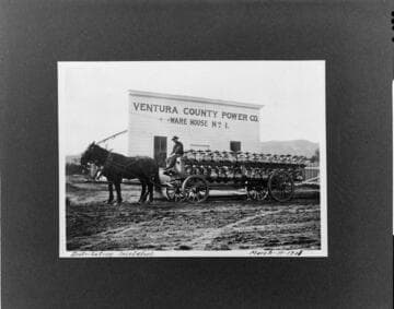 A wagonload of new insulators is being taken from Ventura County Power's warehouse in Ventura to the site of the construction of the 33,000-volt line to Castaic