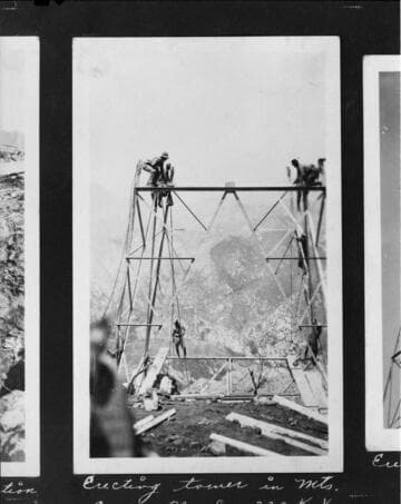 Erecting 220kV transmission line tower in mountains