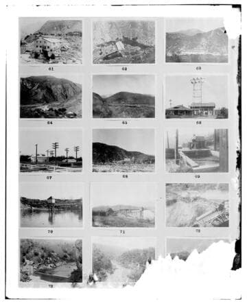This is a multi-image negative that depicts southern California electric substation buildings, and hydroelectric facilities. Undamaged images included on the plate are copies of original negatives: 02 - 00061; 02