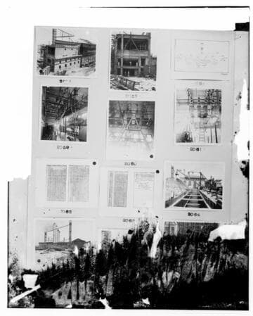 This is a multi-image negative that depicts charts, and L.B.S.P. construction. Undamaged images included on the plate are copies of original negatives: 02 - 02056; 02