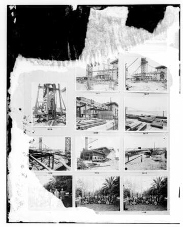 This is a multi-image negative that depicts group photos and construction at L.B.S.P. Undamaged images included on the plate are copies of original negatives: 02 - 01955; 02