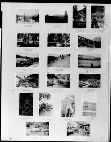 Multiple-image copy film negative with 19 images of Big Creek, and Kern River construction: #02-04983 through #02-05000