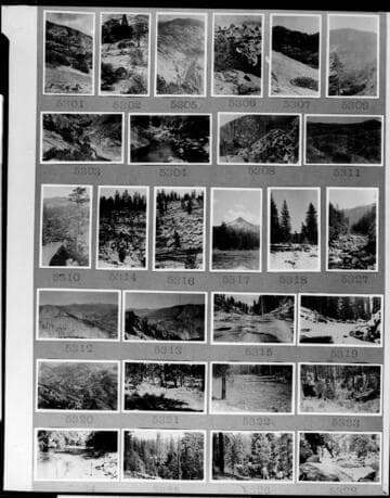 Multiple-image copy film negative with 28 images of Westside Project surveys for Big Creek: #02-05301 to #02-05328