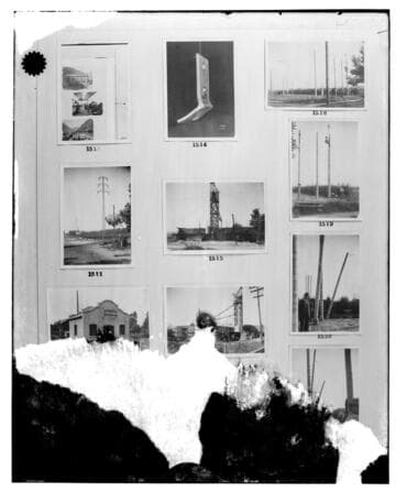 This is a multi-image negative that depicts Kern River #1, steel poles, substations, tower and concrete pole tests. Undamaged images included on the plate are copies of original negatives: 02 - 01510; 02