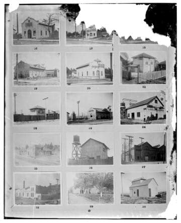 This is a multi-image negative that depicts southern California substation buildings. Undamaged images included on the plate are copies of original negatives: 02 - 0016; 02