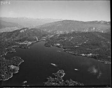 Aerial photo of Shaver Lake with Shaver Dam in shot
