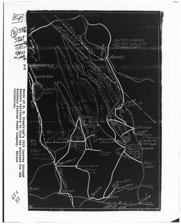 Map of the route of H.N. Siegfried's 1915 journey through Eastern California to find new business for the Southern Sierras Power Company
