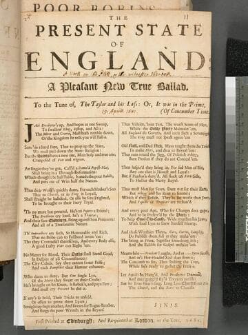 The present state of England: a pleasant new true ballad, to the tune of, The taylor and his lass: or, It was in the prime of coucumber time