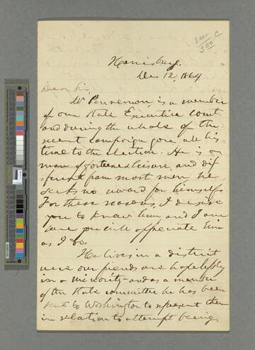 Simon Cameron, Harrisburg, Pennsylvania, letter to Abraham Lincoln
