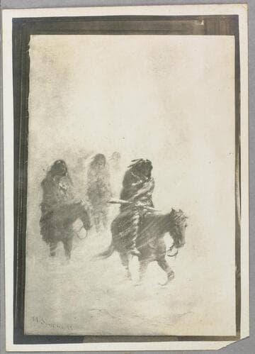 Painting of Indians on horses in a blizzard, by Frank Sauerwein