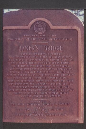 Plaque placed by the State Historical Society of Colorado at Baker's Bridge