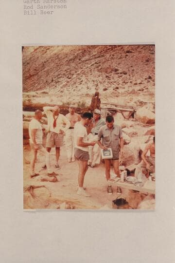 First camp of cruise; above Soap Creek.  Pictured are:  Willie Taylor, Archeyes Masland, Dock Marston, Garth Marston, Rod Sanderson and Bill Beer