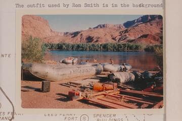The Hatch boloneys with their dangerous oar pins showing on the superstructures.  Rigging at Lees Ferry.  The outfit used by Ron Smith is in the background