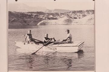 The crew of the "Joan"; end of Grand Canyon traverse of 1947.  Left to right:  Joe Desloge, Dock Marston and Margaret Marston