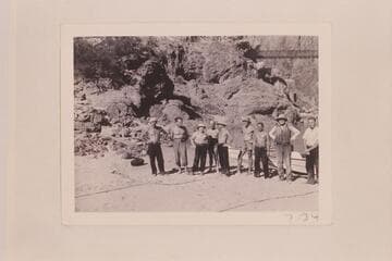 The 1942 Nevills party on the beach at Bright Angel Creek:  Norm Nevills, Ed Olsen, Bruce Wilson, Dock Marston, Neill Wilson, Garth Marston, Pres Walker, Ed Hudson and Wayne McConkie