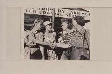 Margaret Marston, Doris Nevills, Rosalind Johnson and Lucile Hiser at Lake Mead Boat Dock; Boulder City.  End of Nevills 1948 Grand Canyon traverse