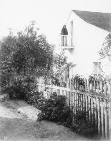 Ramona on  rear balcony at Camulos Ranch, 1901