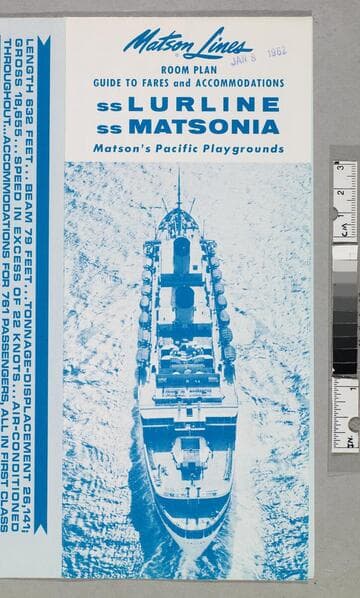 Room plan guide to fares and accommodations : SS Lurline, SS Matsonia, Matson's Pacific playgrounds