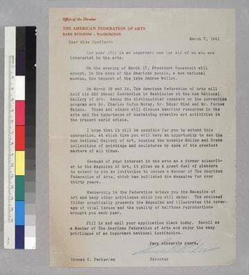 Letter from the director of The American Federation of Arts in Washington, D.C., addressed to Miss Spofford