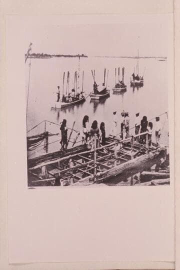 The start from Camp Mojave, Arizona.Boat expedition under Lt. Wheeler; the first and only one to ascend Colorado River through the Grand Canyon to mouth of Diamond Creek.Three boats and a barge.Forward and stern boats are rigged for sail