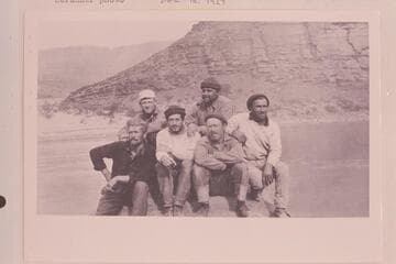 Pathe-Bray boatmen.  Back:  Dodge, Woodbury.  Front:  Rodin, Daily, Clark, Samoff.  At Unkar Rapid, 73 miles below Lees Ferry