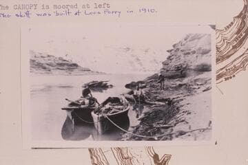 The skiff "W. H. Bradley" at right when moored near Hole in the Rock.  The "Canopy" is moored at left.  The skiff was built at Lees Ferry in 1910
