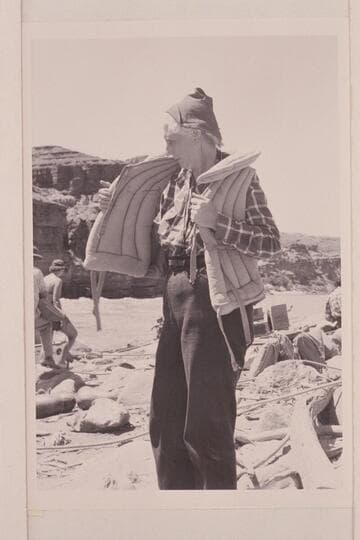 Helen R. Wright (Mrs. Paul L. Wright), Newark, New Jersey.  At Paria Riffle.  Mexican Hat to Lees Ferry 1950; Lees Ferry to Bright Angel Creek 1951; Hite to Lees Ferry 1953