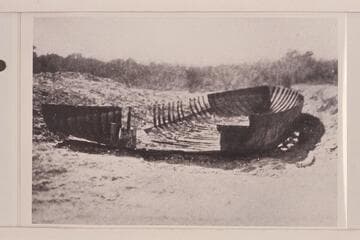 The remains of the hull of the "Explorer", discovered in 1933 in an open flat surrounded by thickets in the old meander zone of the Colorado, near the abandoned Ockerson Levee in about 32 degrees 20 feet south