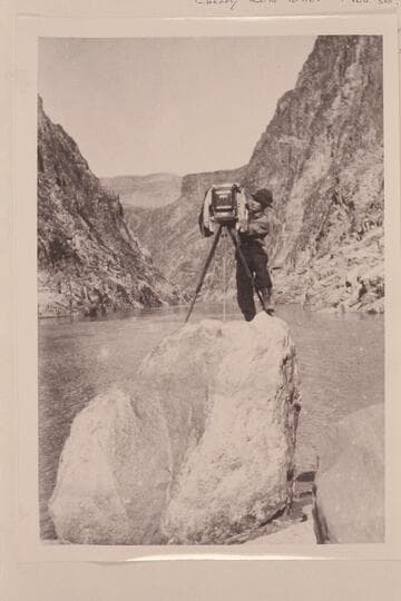 Emery Kolb at some early photography in the Grand Canyon near Bright Angel Creek. "Posed by Emery Kolb to show his work with camera" (Dave Rust, 1955, Sep. 29.  "We used an 8x10 camera with glass plates" (Emery Kolb letter, 1954, Nov. 30)