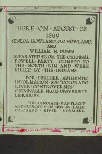 Plaque at Separation Canyon prepared by Julius F. Stone and placed by him and a boat party which cruised Lake Mead 1939, Aug. It was moved higher in 1943, Dec. by Harry Aleson and party