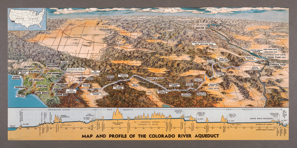 Southern California water. Illustrated color map and profile of the Colorado river Aqueduct